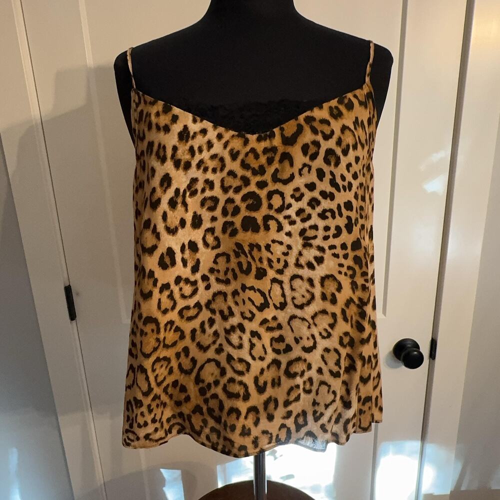 ZARA Camisole Top Womens XL Brown Leopard Print Satin Lace Trim Adjustable Tank